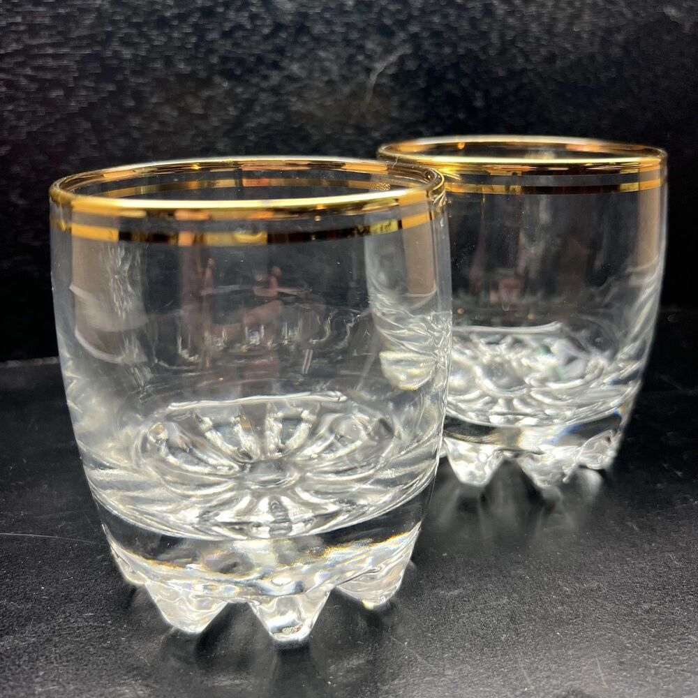 Vintage MCM Old Fashion Rocks Whiskey Glasses Gold Rim Set 2